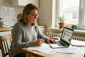 Femme consultant ses factures d'énergie à la table de cuisine, inquiète face à la hausse des prix