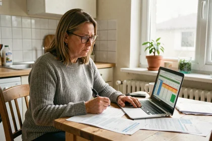 Femme consultant ses factures d'énergie à la table de cuisine, inquiète face à la hausse des prix