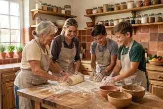 Grand-mère, mère et deux adolescents pétrir la pâte ensemble dans une cuisine familiale chaleureuse en bois et céramique