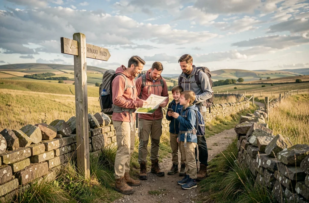 Famille de quatre personnes au départ d'un sentier de randonnée avec panneau de parc naturel, carte en main, prêts pour une sortie nature sans stress
