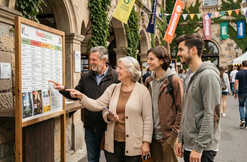 Famille intergénérationnelle faisant la queue devant la billetterie d'un festival de cinéma historique