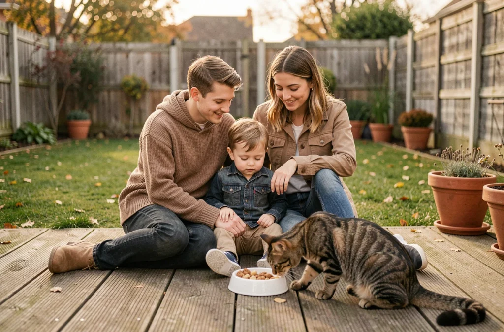 Un jeune couple avec leur bébé garçon assis sur une terrasse en bois observe un chaton tigré explorer son environnement dans un jardin de banlieue.