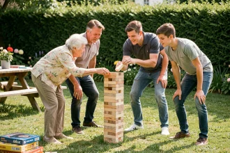 Famille multigénérationnelle jouant au Jenga géant dans un jardin lors d'une journée jeux de plein air