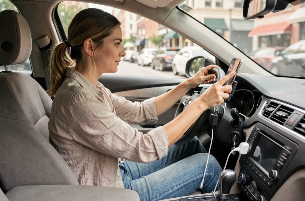 Femme installant un support téléphone et un chargeur de voiture dans l'habitacle d'une berline moderne avant un voyage en voiture