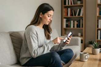 Femme dans la trentaine utilisant une application mobile de shopping sur son smartphone dans un salon moderne et minimaliste