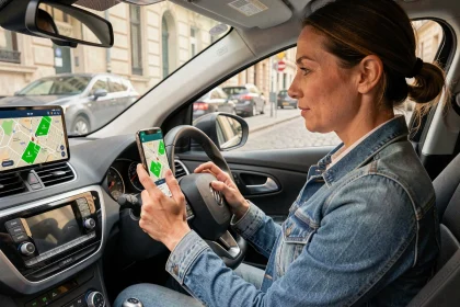 Femme au volant consultant une application de stationnement sur smartphone en ville