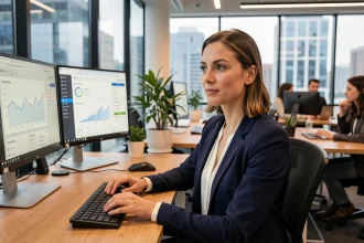 Femme professionnelle utilisant des outils numériques sur deux écrans dans un bureau moderne en open space