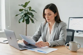 Femme consultant des documents bancaires sur son bureau à domicile dans le cadre d'un changement de banque