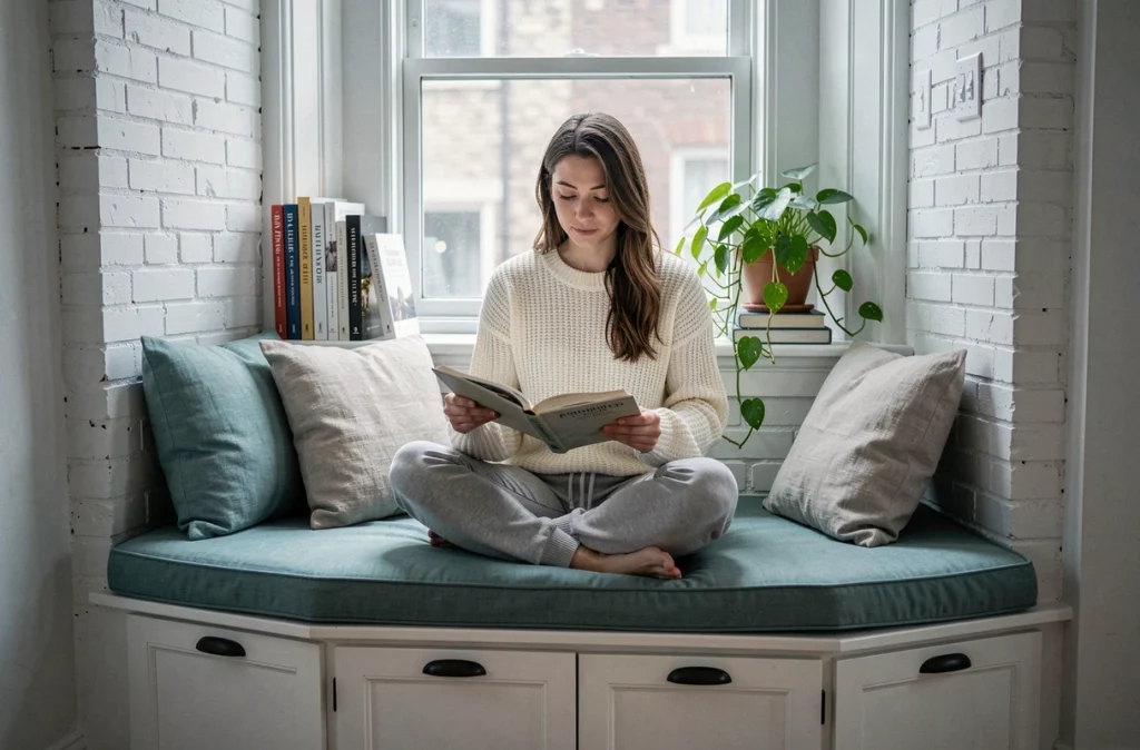 Jeune femme lisant dans un coin lecture aménagé sur un banc de fenêtre avec coussins et rangements intégrés