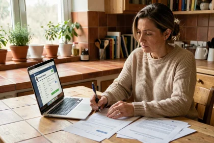 Femme comparant ses contrats d'assurance habitation sur un ordinateur portable à sa table de cuisine