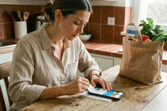 Femme comparant les prix sur son smartphone avec un reçu de courses pour réduire ses dépenses quotidiennes