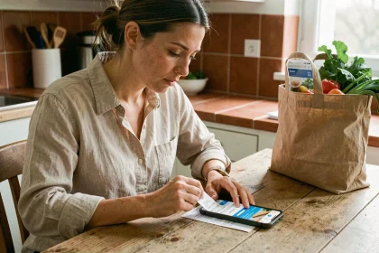 Femme comparant les prix sur son smartphone avec un reçu de courses pour réduire ses dépenses quotidiennes