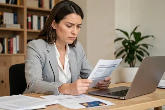 Femme analysant un relevé de crédit renouvelable à son bureau à domicile