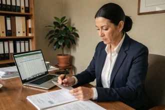 Femme en blazer marine révisant ses documents fiscaux à un bureau en bois dans un bureau à domicile ordonné