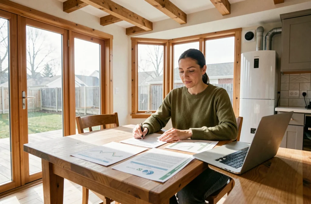 Femme consultant des documents de diagnostic de performance énergétique dans une cuisine rénovée avant une vente immobilière