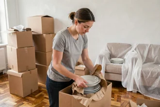 Femme emballant de la vaisselle fragile dans du papier kraft lors de la préparation d'un déménagement