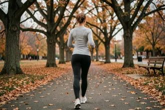 Femme de 45 ans marchant rapidement dans un parc en automne pour réduire les risques de diabète de type 2