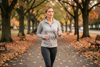 Femme d'une cinquantaine d'années pratiquant la marche rapide dans un parc urbain en automne, illustrant les bienfaits cardiovasculaires de l'exercice quotidien