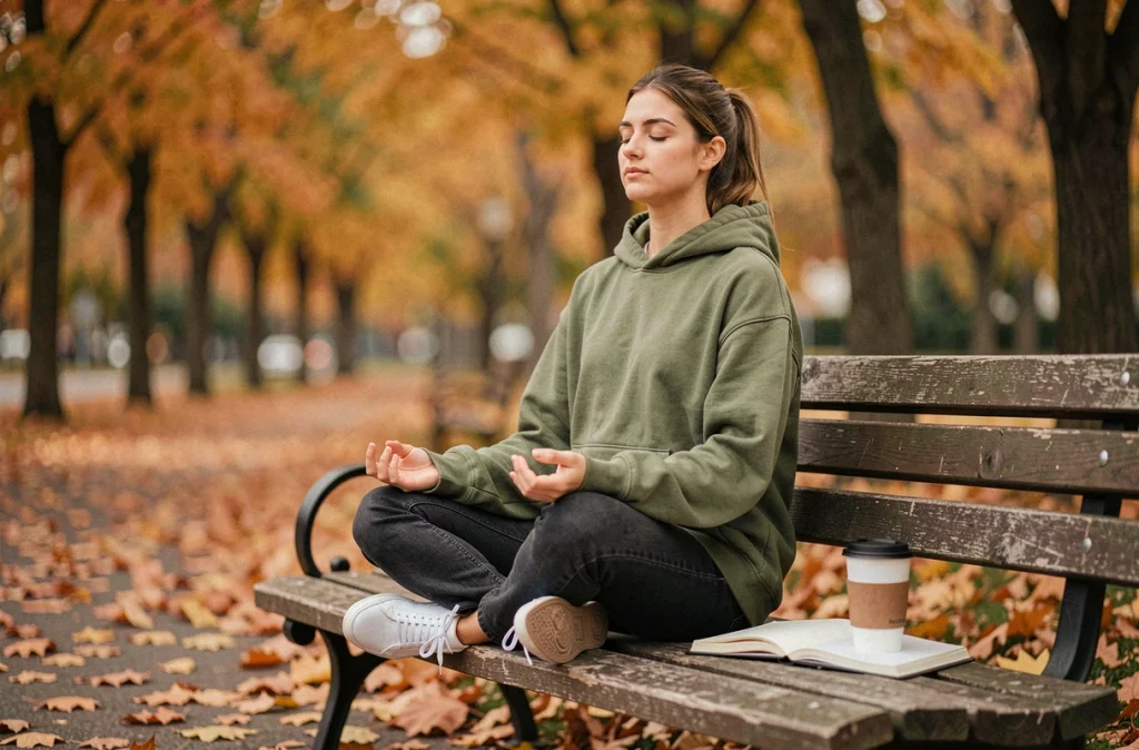 Jeune femme méditant en plein air sur un banc de parc en automne pour intégrer la méditation dans sa routine anti-stress