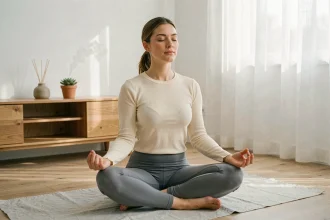 Femme pratiquant la méditation assise sur un tapis de yoga dans un salon minimaliste pour gérer son stress quotidien