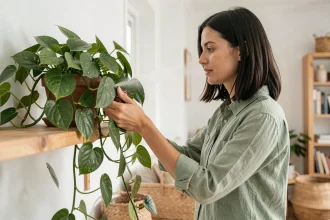 Femme prenant soin d'une plante dépolluante pothos dans un salon scandinave au style épuré