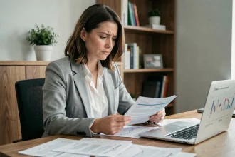 Femme de 30 ans analysant des documents financiers pour préparer sa retraite à son bureau à domicile
