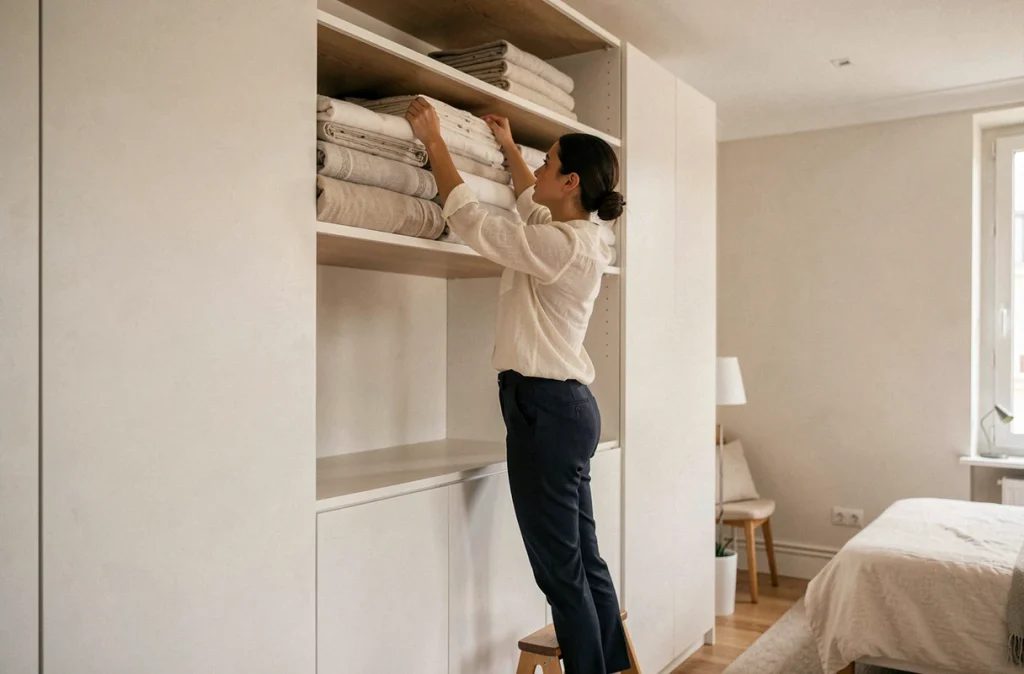 Femme rangeant des textiles sur les étagères hautes d'une armoire encastrée dans une petite chambre parisienne