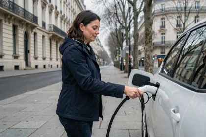Femme branchant un câble de recharge sur une borne électrique dans une rue parisienne