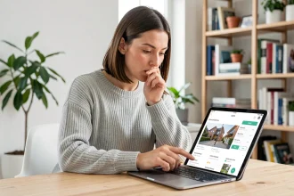 Femme consultant une application de recherche de logement sur tablette dans un bureau à domicile moderne