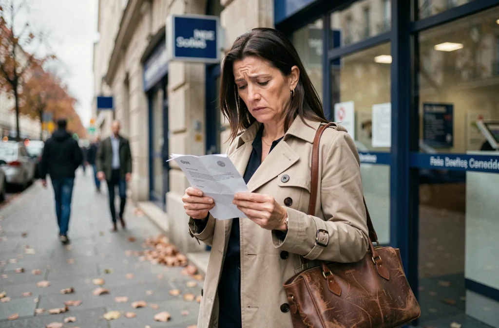 Femme tenant une lettre de refus devant une banque, symbolisant les difficultés financières liées au surendettement
