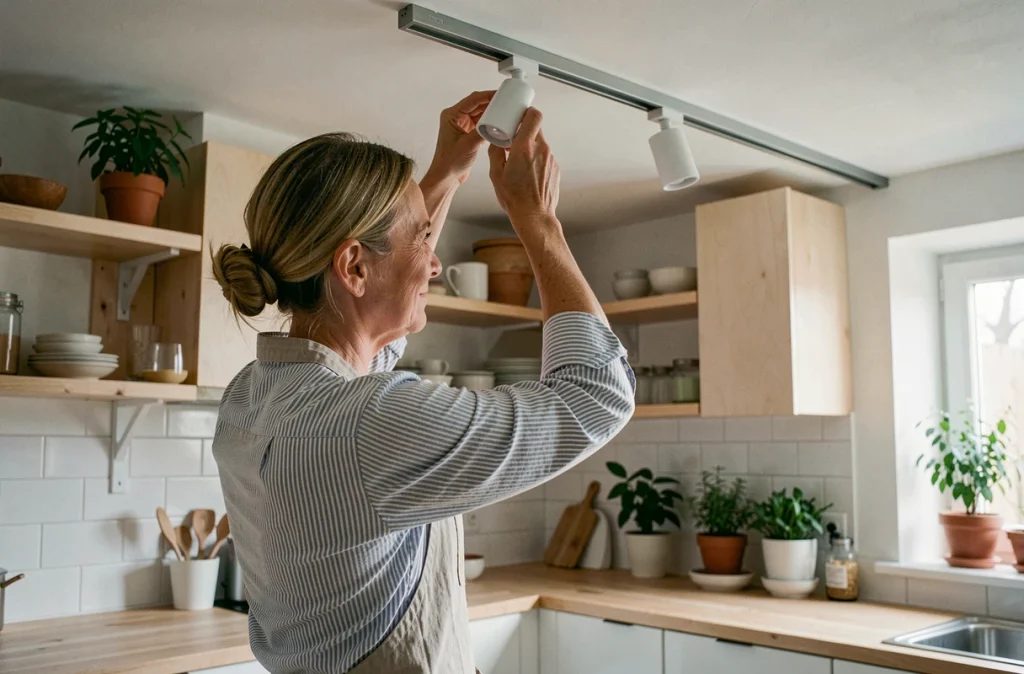 Femme ajustant un rail d'éclairage modulable dans une cuisine scandinave avec étagères en bouleau
