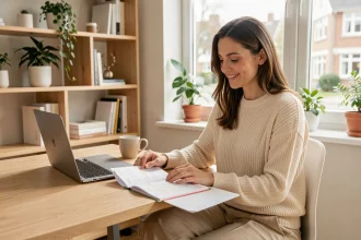 Femme travaillant depuis son bureau à domicile avec un planning flexible ouvert, illustrant la flexibilité des horaires de travail