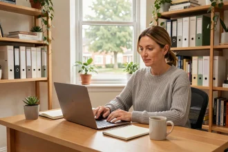 Femme en télétravail concentrée devant son ordinateur portable dans un bureau à domicile bien organisé