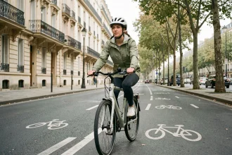 Femme à vélo sur une piste cyclable dédiée dans une grande agglomération urbaine française