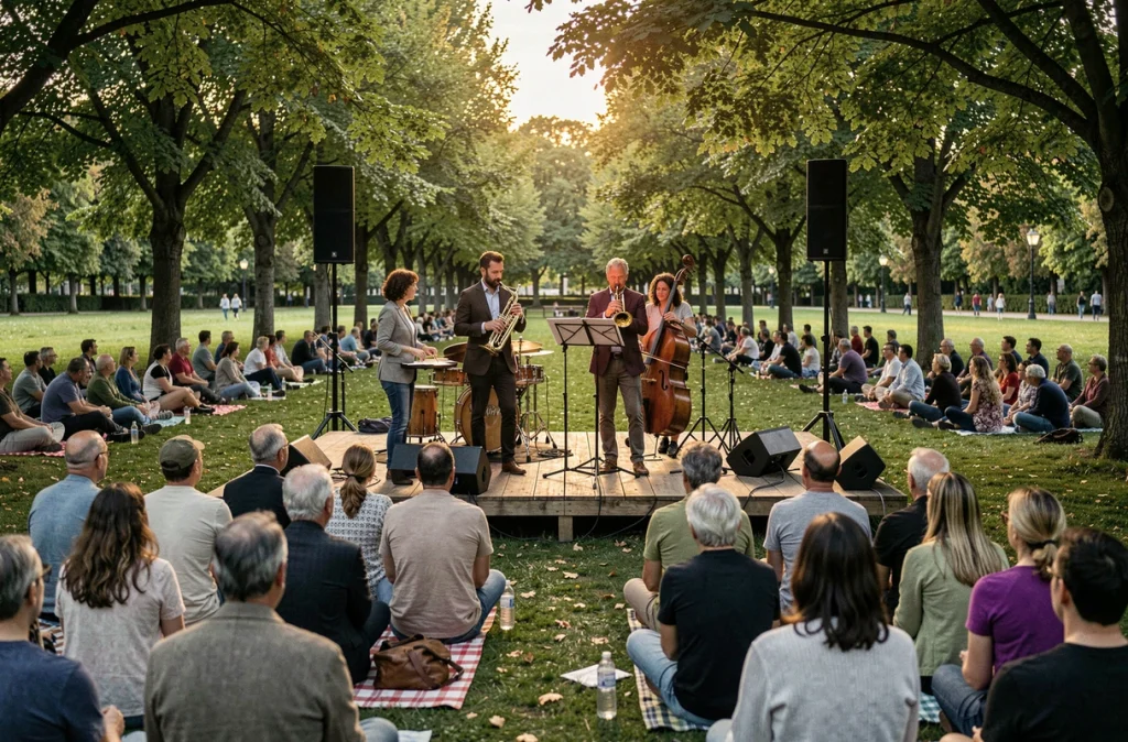 Groupe de musiciens sur scène dans un parc lors de la Fête de la Musique avec public assis sur des couvertures