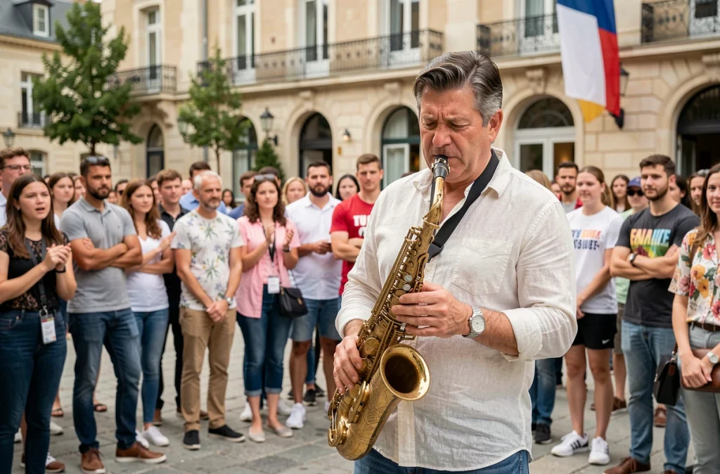 Saxophoniste se produisant en plein air sur une place publique lors de la Fête de la Musique en France