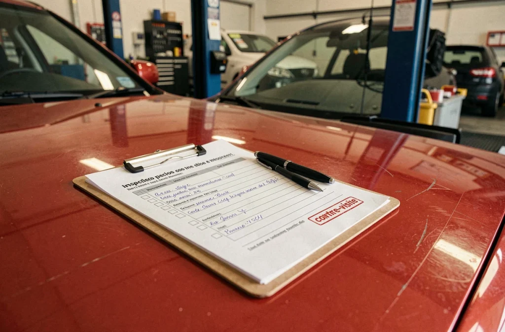 Fiche de contrôle technique avec annotations et tampon de contre-visite posée sur le capot d'un véhicule en garage