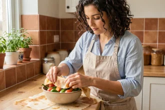 Femme enveloppant des légumes frais dans un film d'abeille réutilisable dans une cuisine naturelle en bois