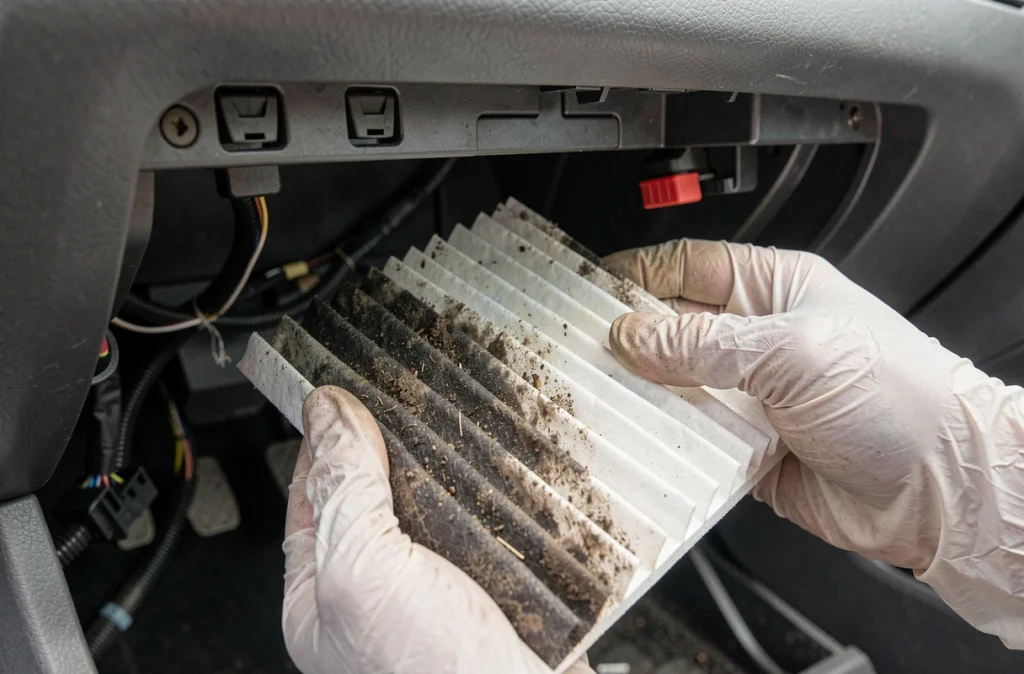 Filtre d'habitacle de voiture sale retiré pour l'entretien de la climatisation automobile