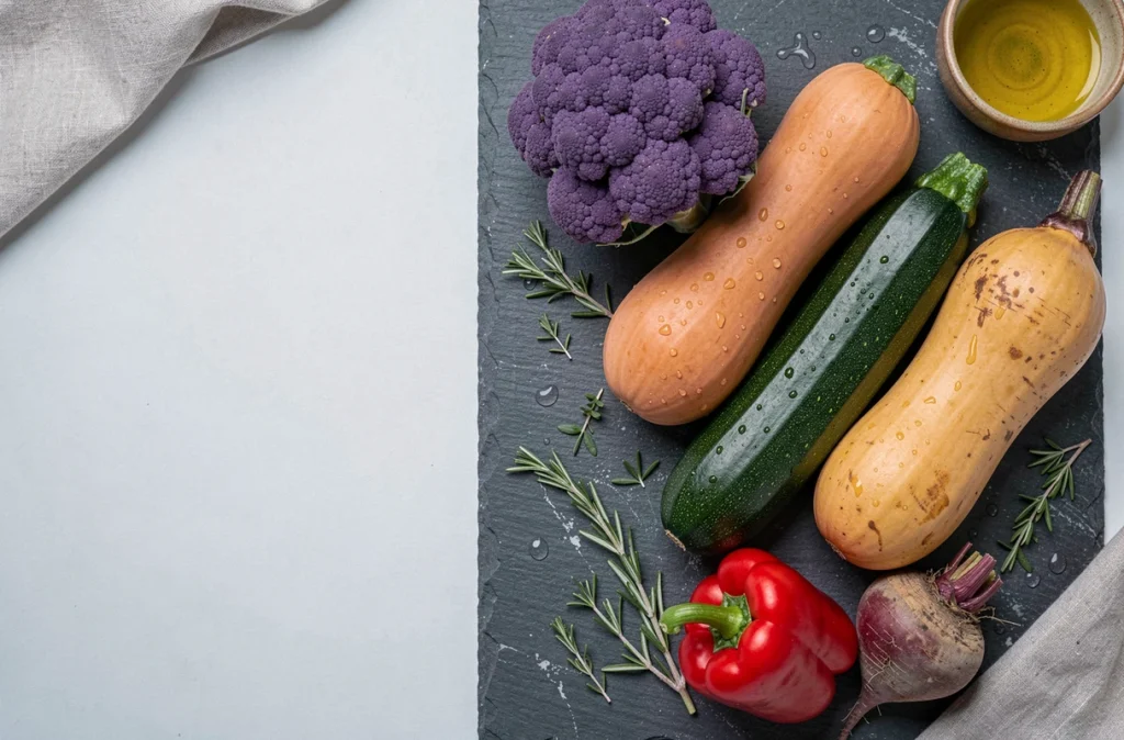 Vue de dessus d'une sélection de légumes de saison bruts aux couleurs riches disposés sur une surface en ardoise