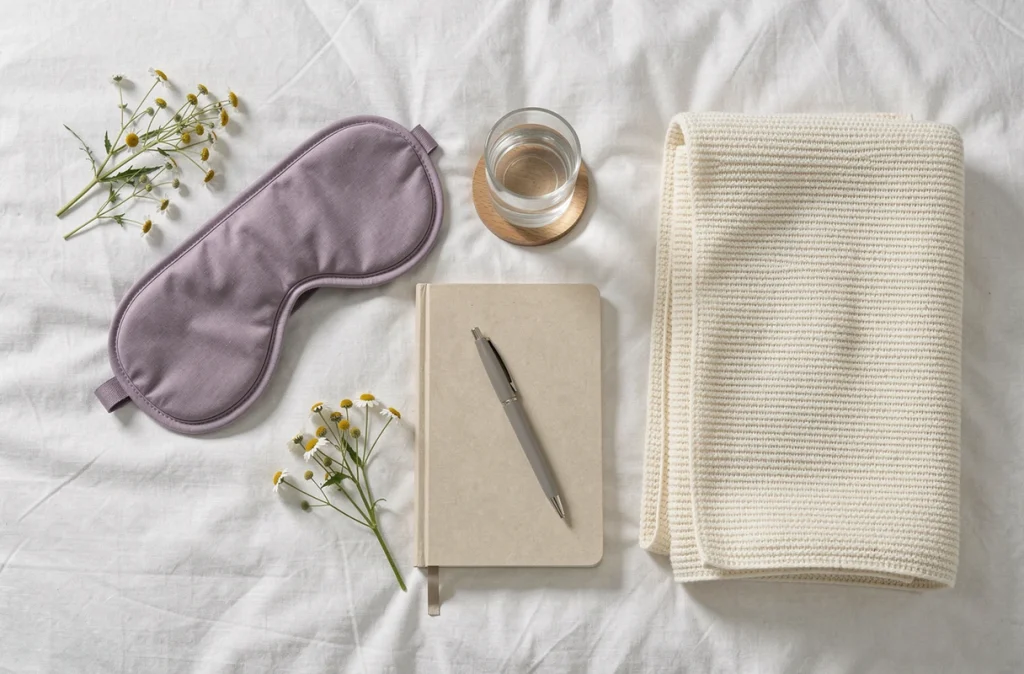 Vue de dessus d'objets liés à une routine de sommeil sain — masque de nuit, camomille, journal — sur un lit blanc, illustrant les habitudes favorisant l'immunité