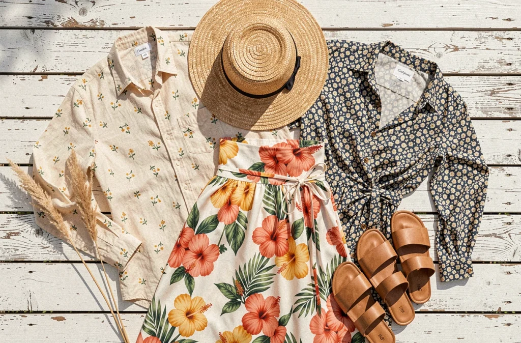 Flat lay éditorial de vêtements estivaux à imprimés fleuris variés sur bois patiné blanc