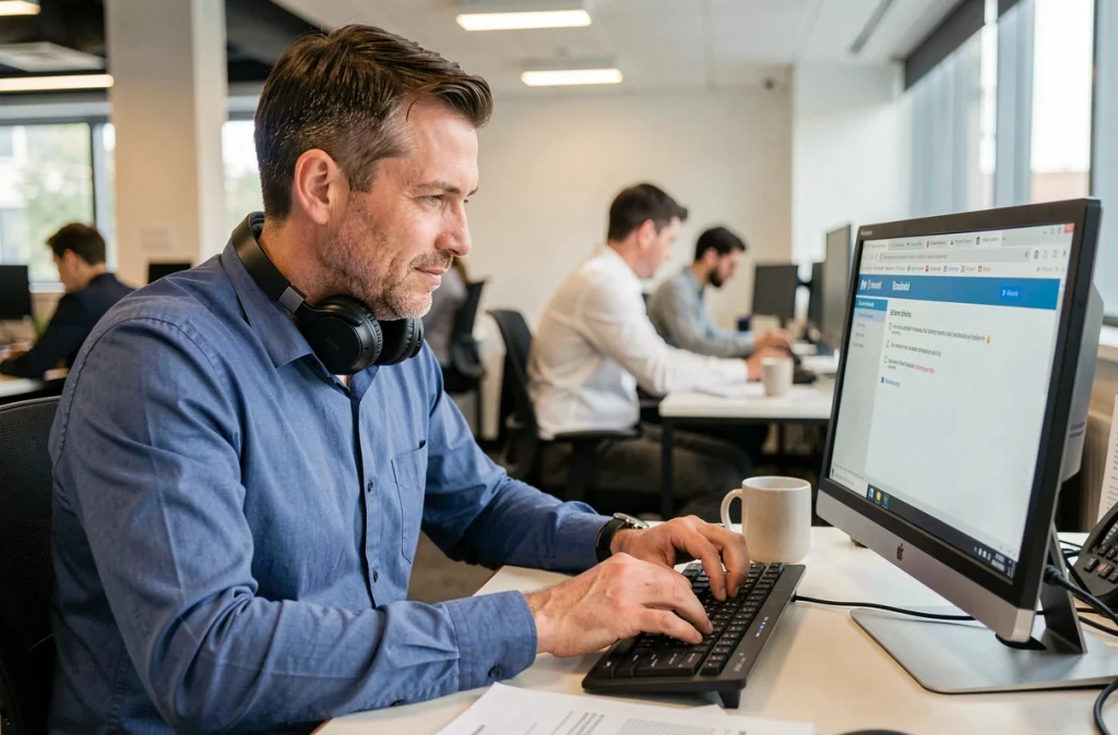 Salarié suivant une formation e-learning sur ordinateur dans un open space professionnel