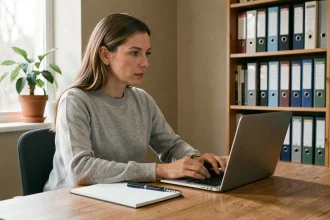 Femme suivant une formation en ligne sur ordinateur portable dans un bureau à domicile