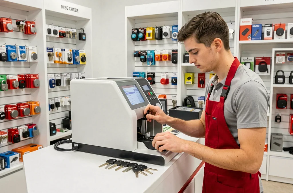 Technicien de France Clef opérant une machine de duplication de clés numérique dans une boutique lumineuse à Nice