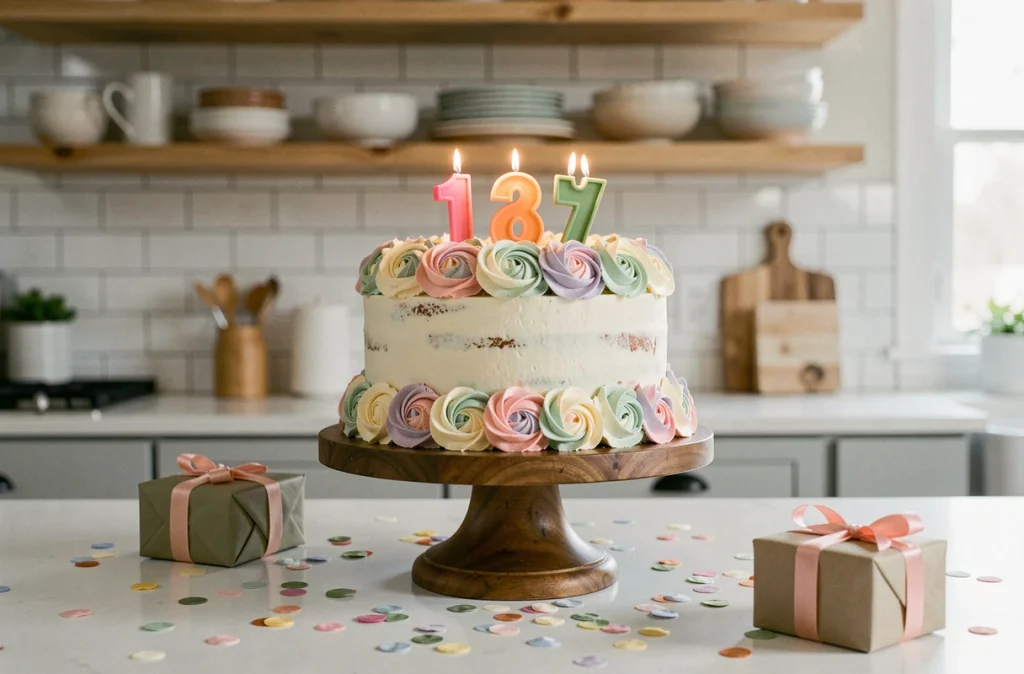 Gâteau d'anniversaire fait maison décoré avec des bougies colorées et du confetti sur un plan de travail de cuisine