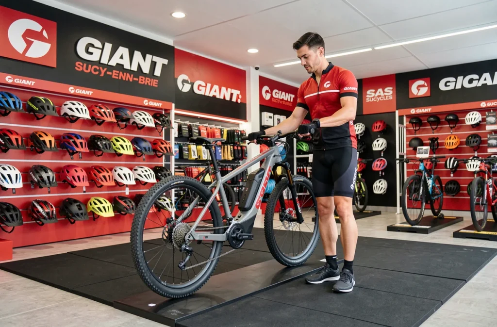Client examinant un vélo électrique Giant dans le magasin Giant City Sucy – SAS Sucycles à Sucy-en-Brie