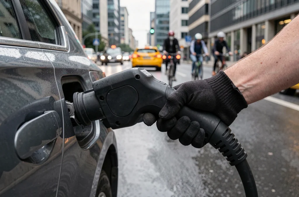 Gros plan d'un connecteur de recharge électrique inséré dans le port d'une voiture en ville