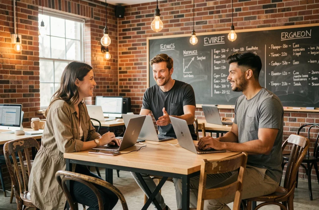 Groupe de collègues collaborant dans un espace de coworking flexible, illustrant la diversité des horaires aménagés et la culture de travail moderne