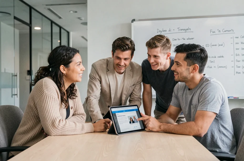 Groupe de collègues suivant ensemble une formation en ligne sur tablette en salle de réunion